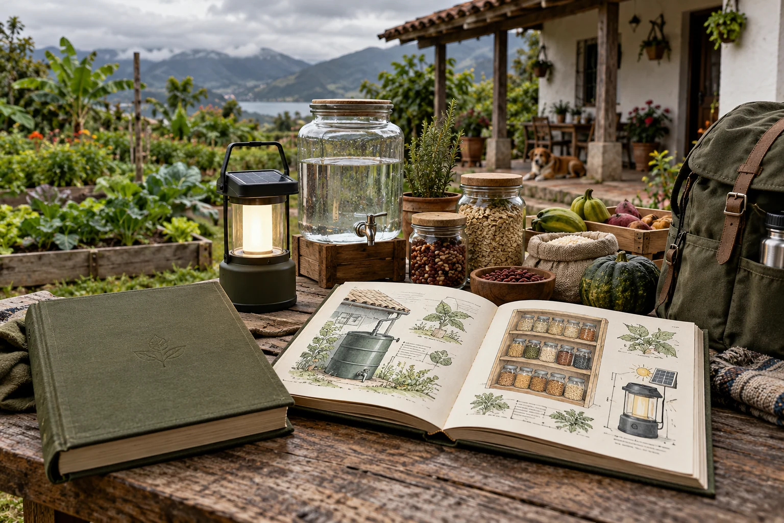 Manual visual de preparación doméstica junto a agua, alimentos y una lámpara solar