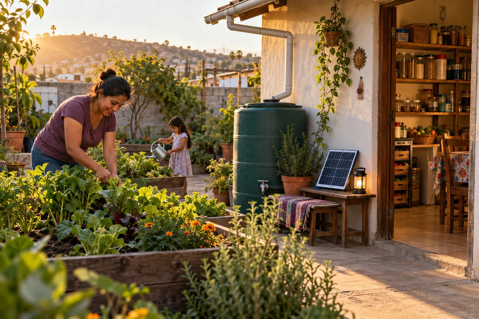 Hogar con depósito de agua, huerto, despensa y lámpara solar