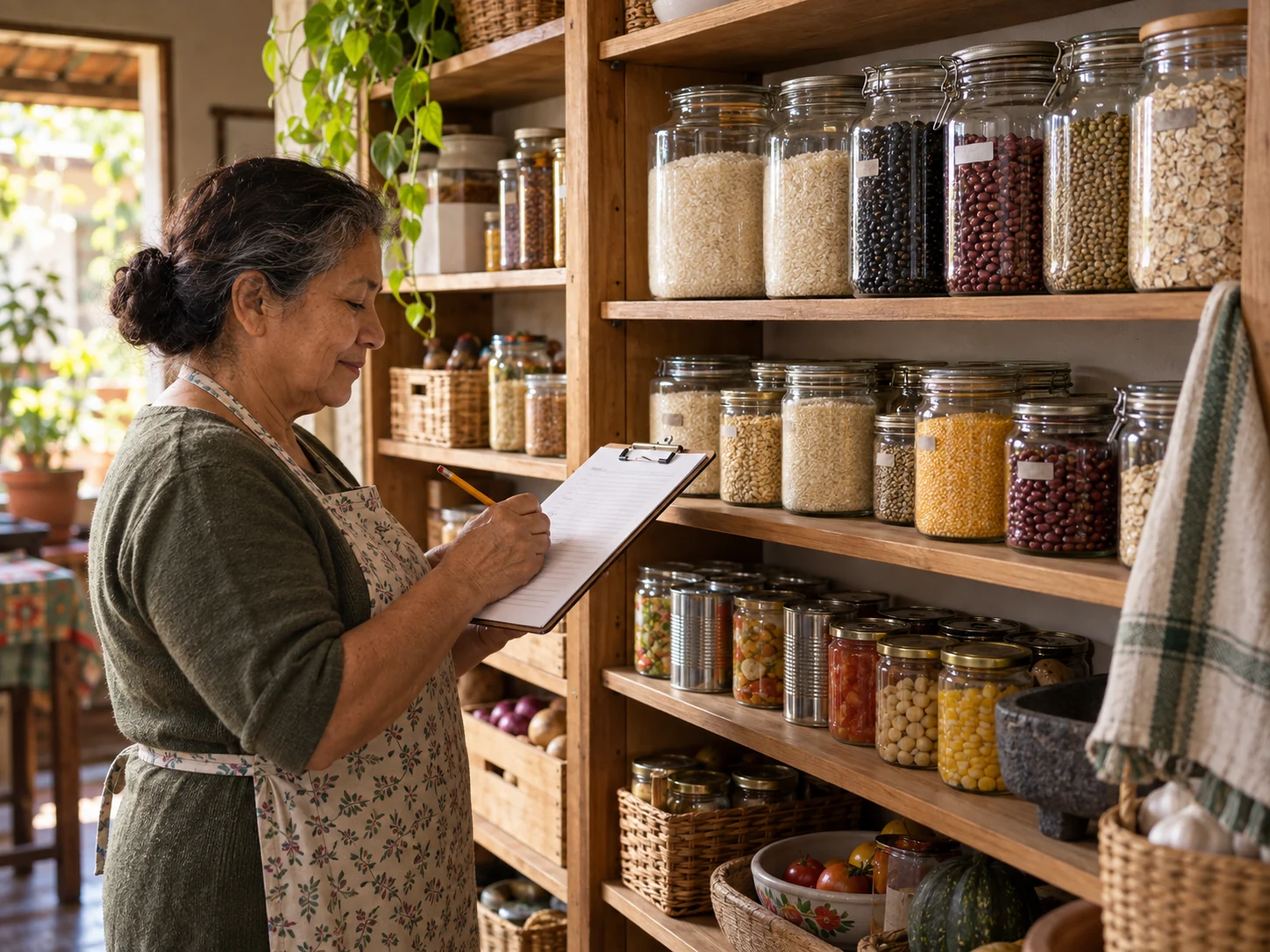 Despensa organizada con alimentos secos y conservas